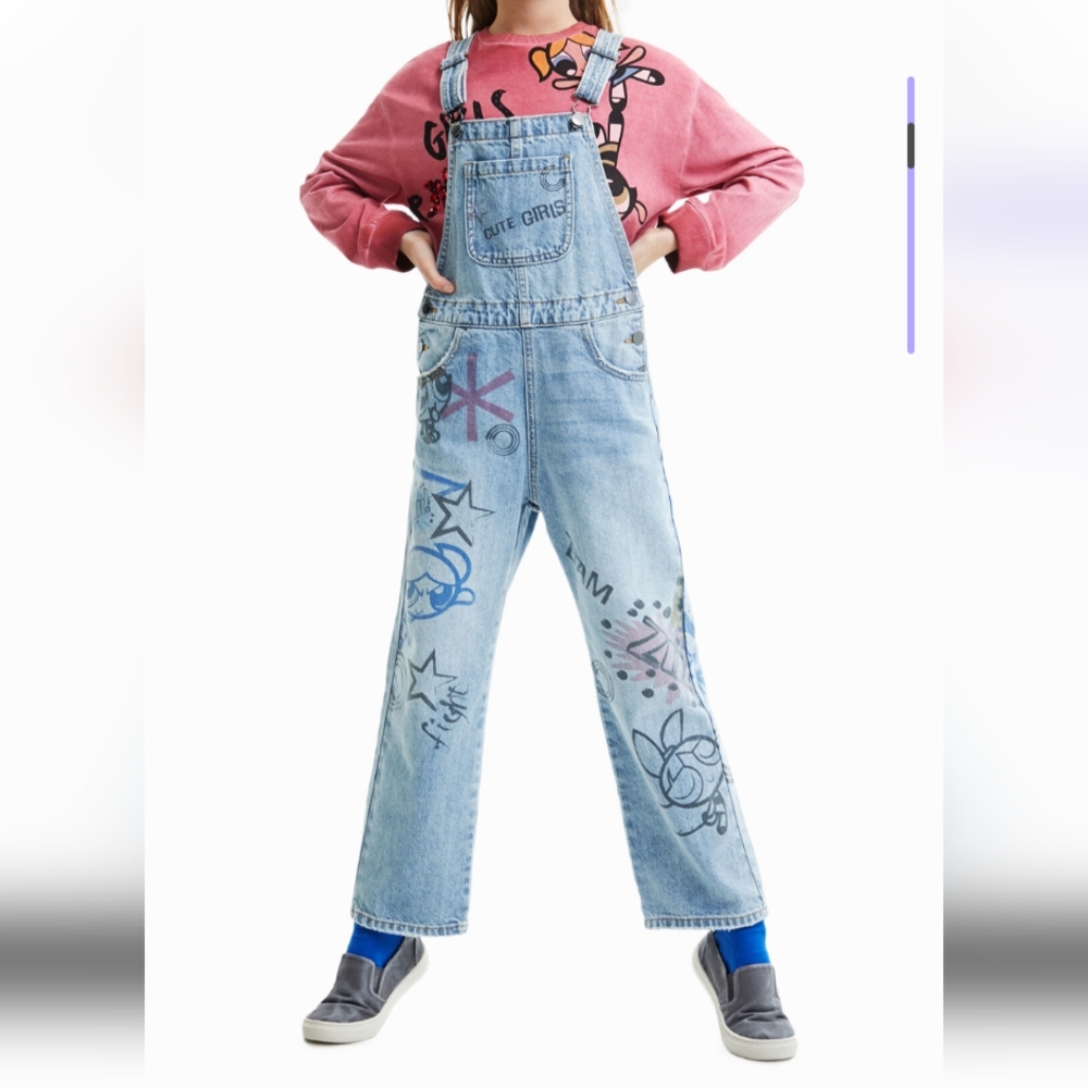 Girls Denim Overalls with Graffiti Design